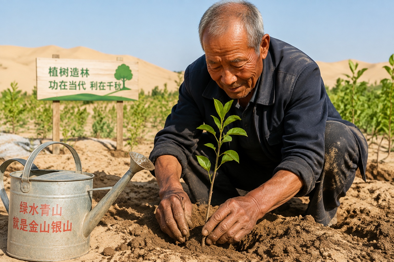 The Tree Planter: 40 Years of Fighting Sandstorms One Tree at a Time 22 Shi Guangyin's weathered hands planting a tree seedling in the Mu Us desert restoration zone, showing slow labor of anti-desertification efforts