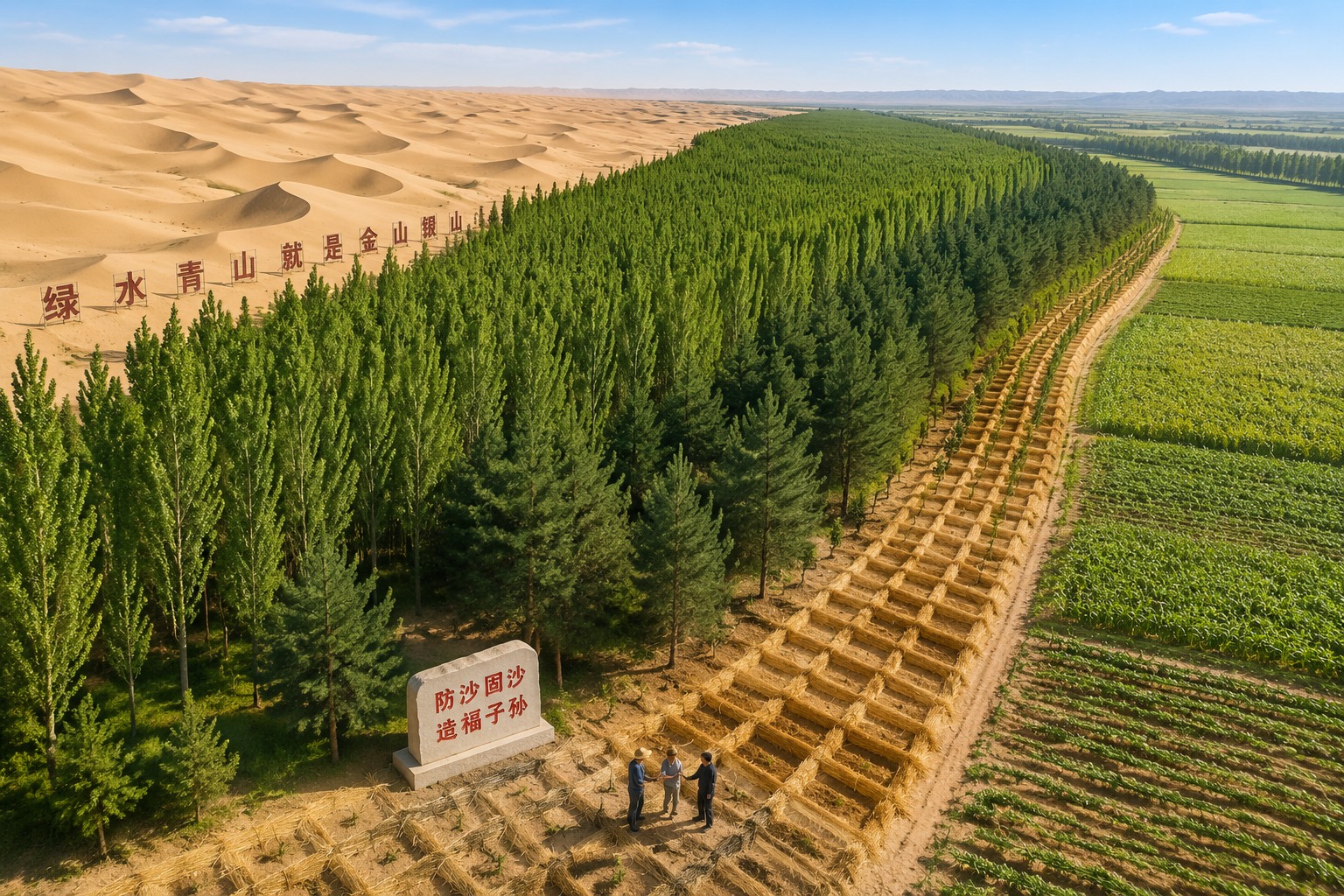 The Tree Planter: 40 Years of Fighting Sandstorms One Tree at a Time 23 Aerial view of a green forest belt holding back desert dunes and protecting farmland in the Mu Us region of China