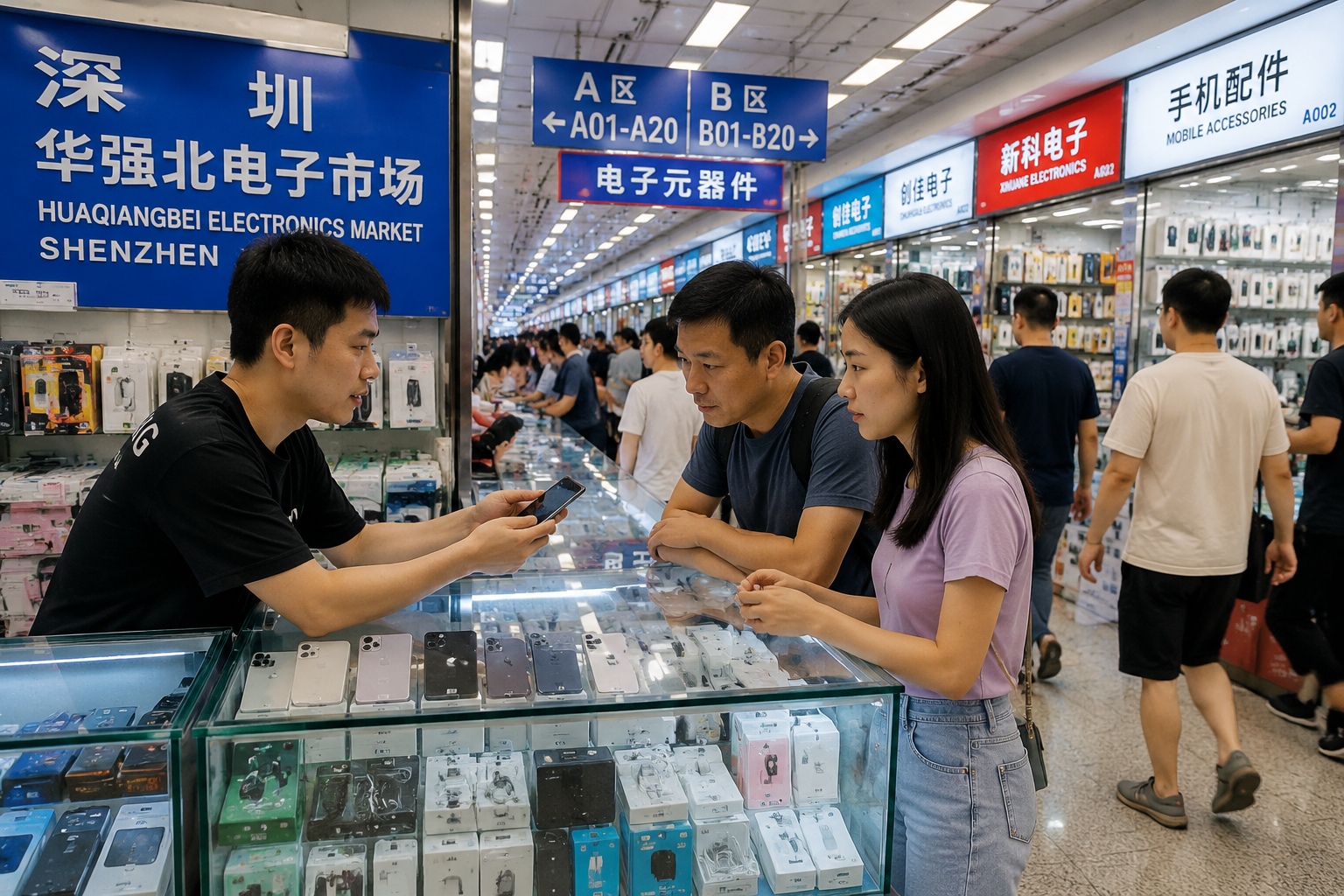 Shoppers browsing crowded electronics stalls selling smartphones and accessories inside Huaqiangbei market in Shenzhen