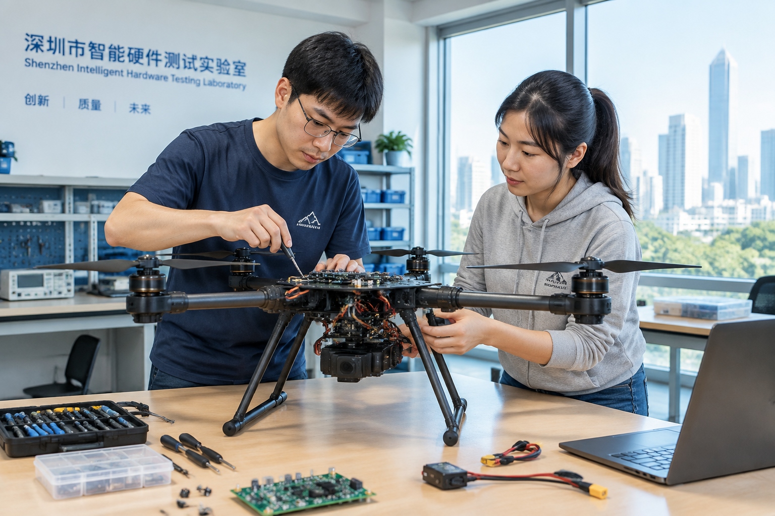 Two engineers adjusting a quadcopter drone on a workbench inside a Shenzhen hardware testing laboratory