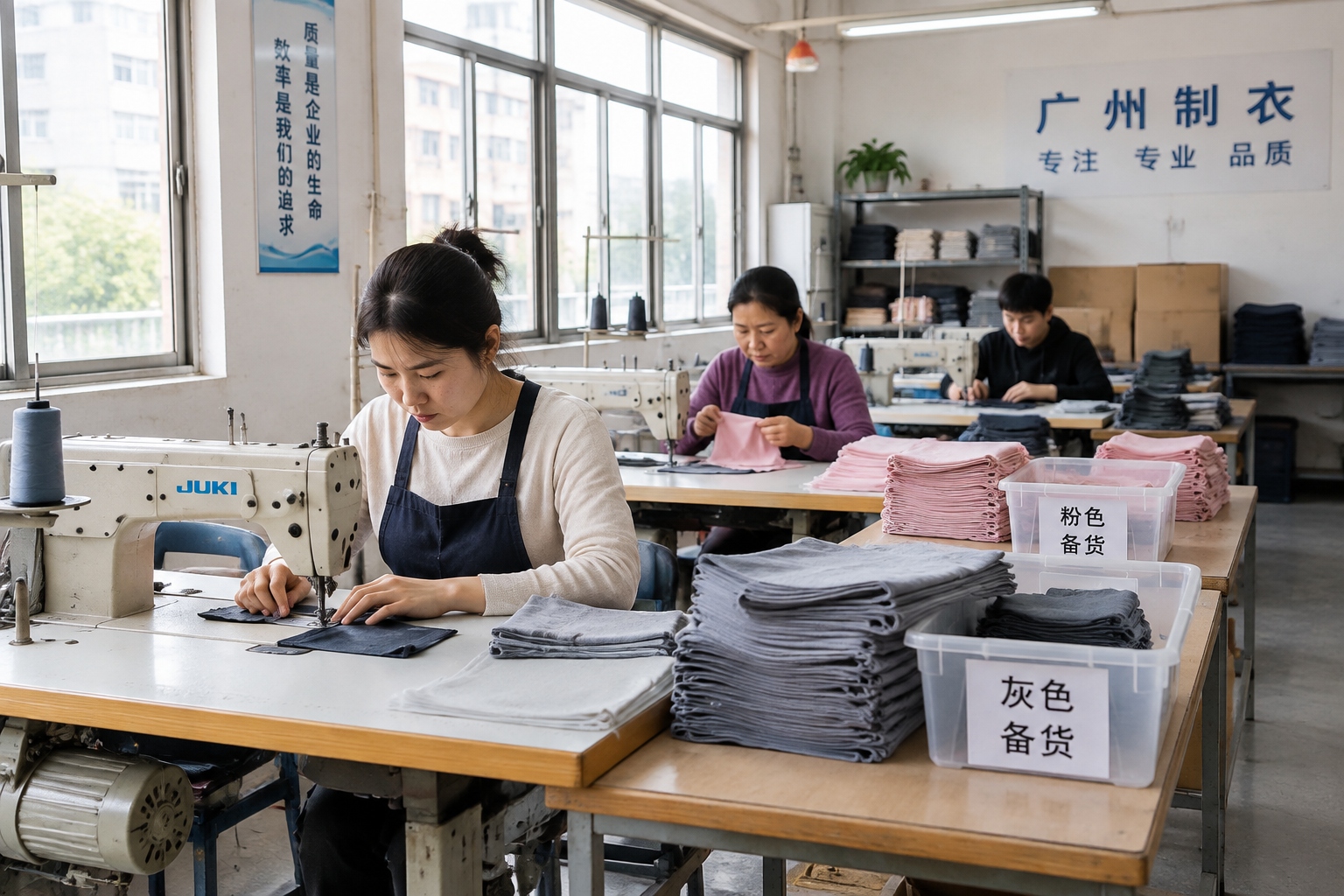 Workers at sewing machines in a small Guangzhou garment workshop producing small batches of clothing for quick restocking