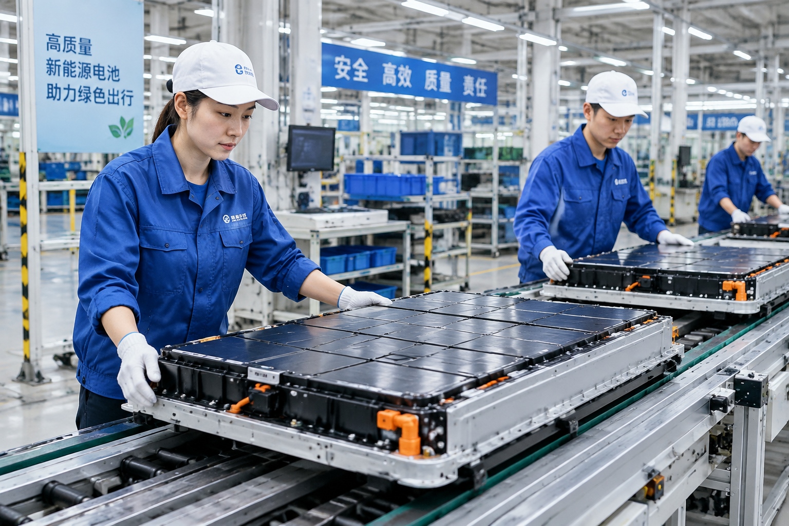 Workers in uniforms assembling electric vehicle battery packs on a conveyor line at a Chinese factory