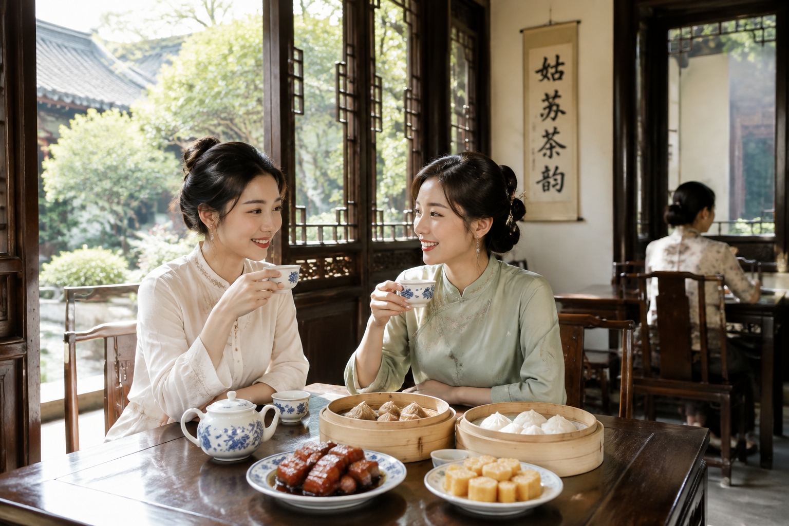 Elegant Suzhou dining scene featuring delicate sweet dishes and jasmine tea in a quiet tea house