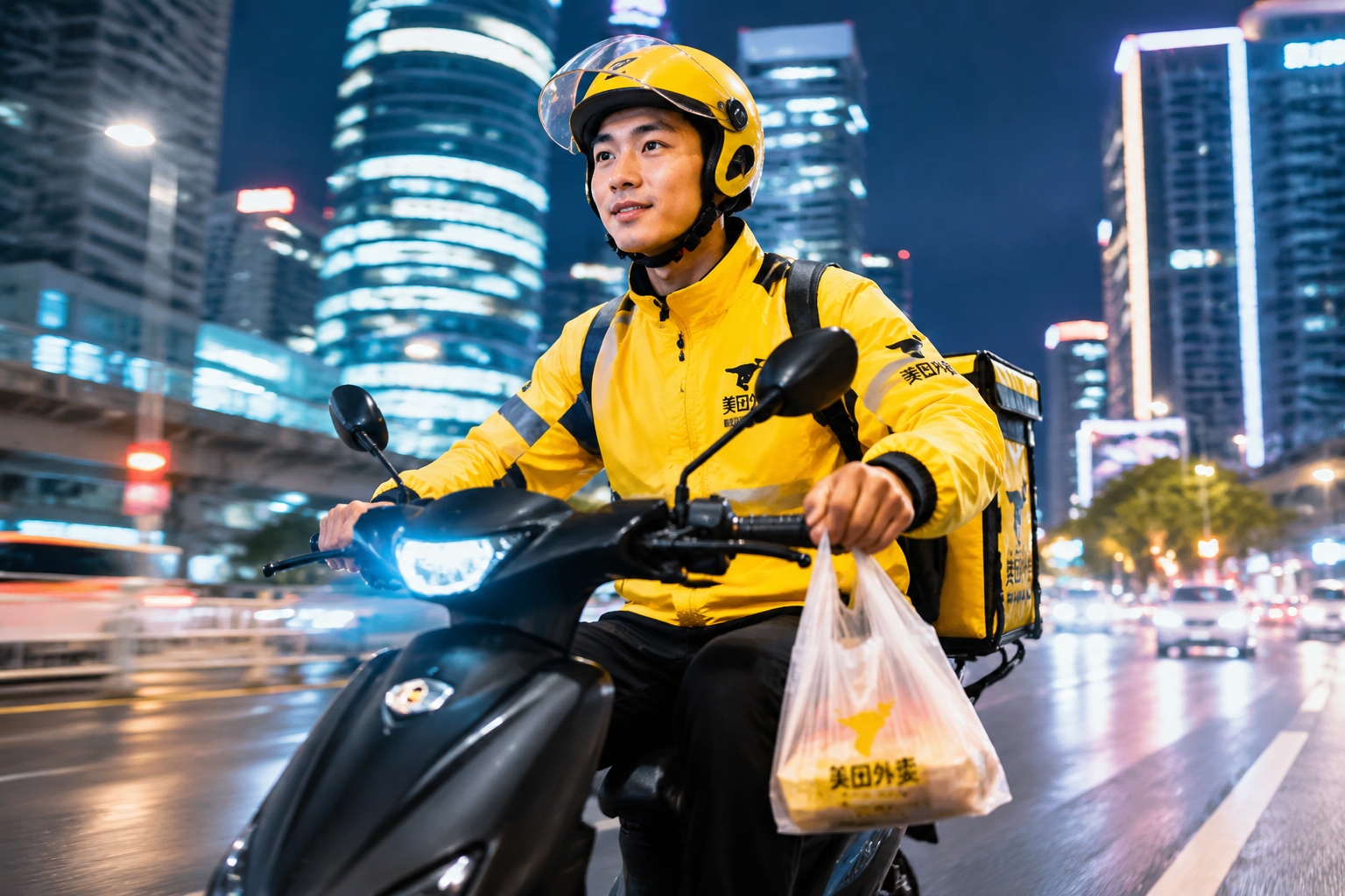 Food delivery rider navigating a modern Chinese city street at night to deliver authentic regional cuisine