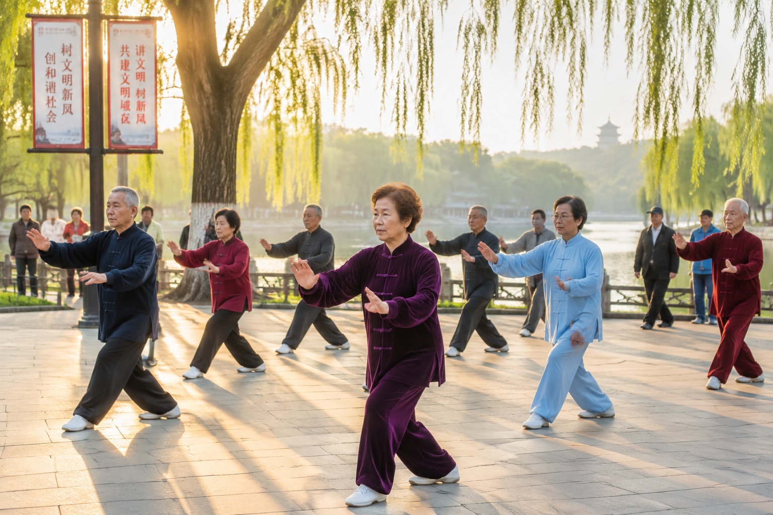 Elderly Chinese people practicing tai chi in a park at dawn in Beijing, showing the morning routine aspect of kung fu today.