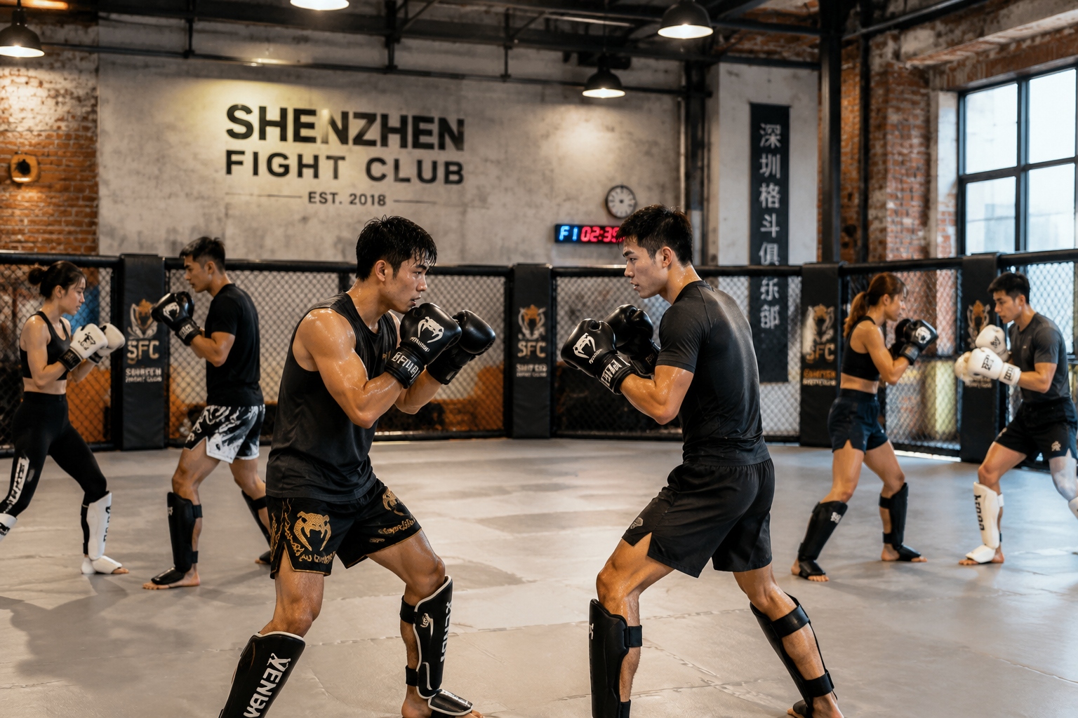 Young Chinese professionals training in a mixed martial arts fight club in Shenzhen, showing the modern youth fight club trend.