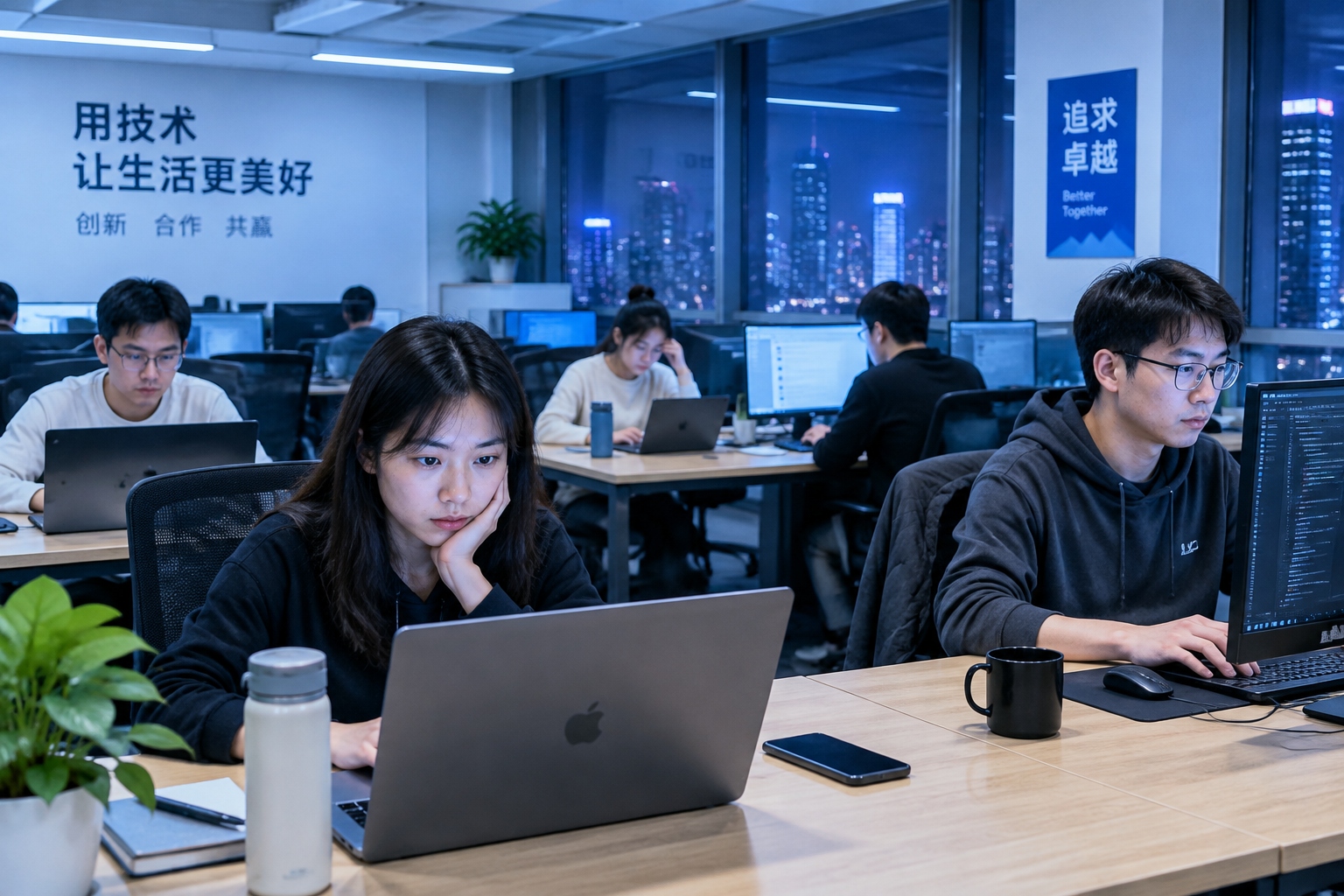 Chinese tech company open-plan office with young employees working overtime at night, illustrating involution (neijuan) work culture.