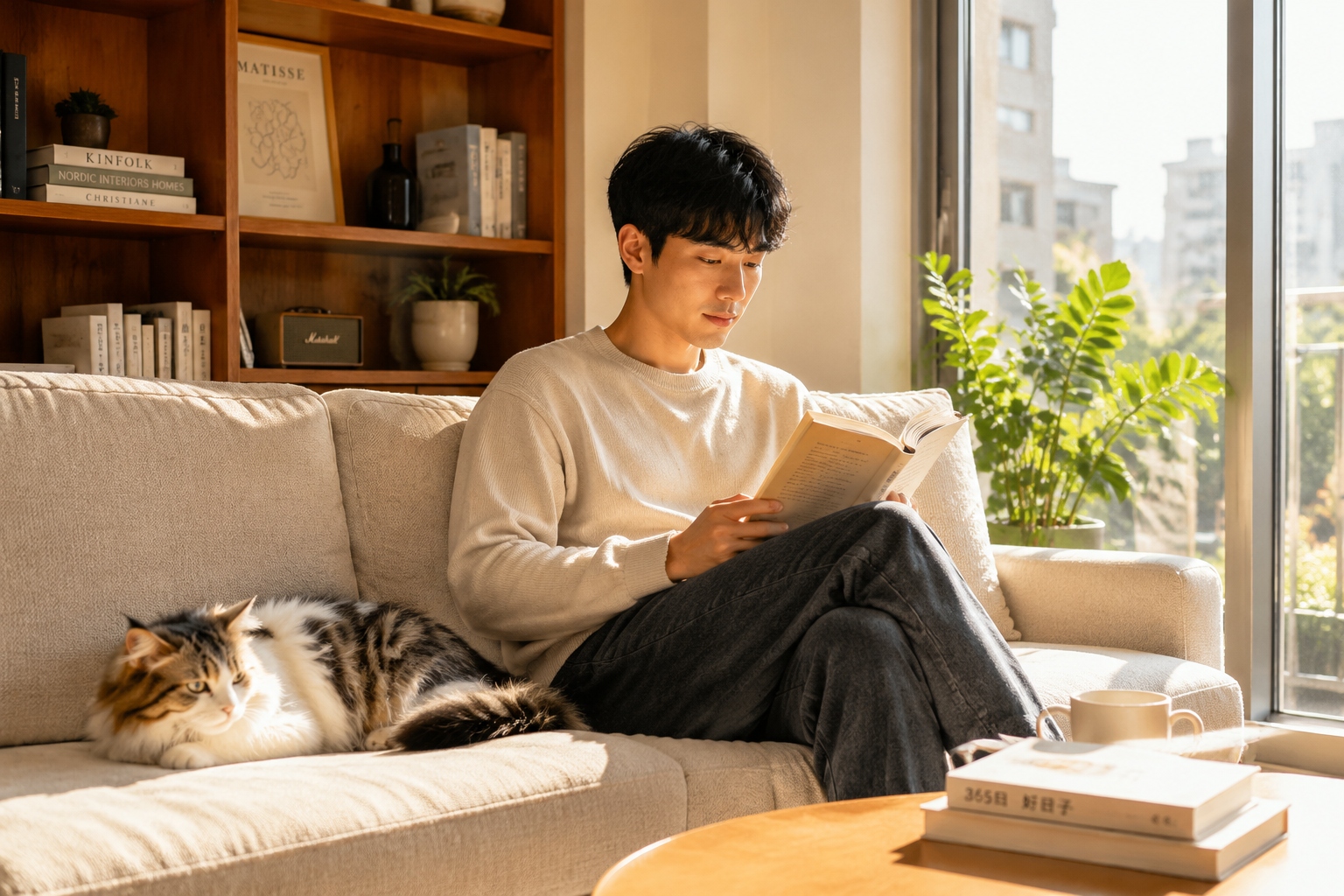 Young Chinese man lying flat (tang ping) by reading a book at home, a simple life choice against involution.