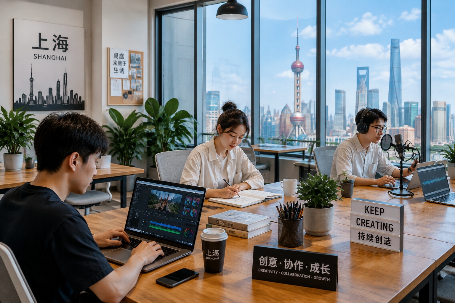 Chinese slash youth working on multiple projects in a shared workspace in Shanghai