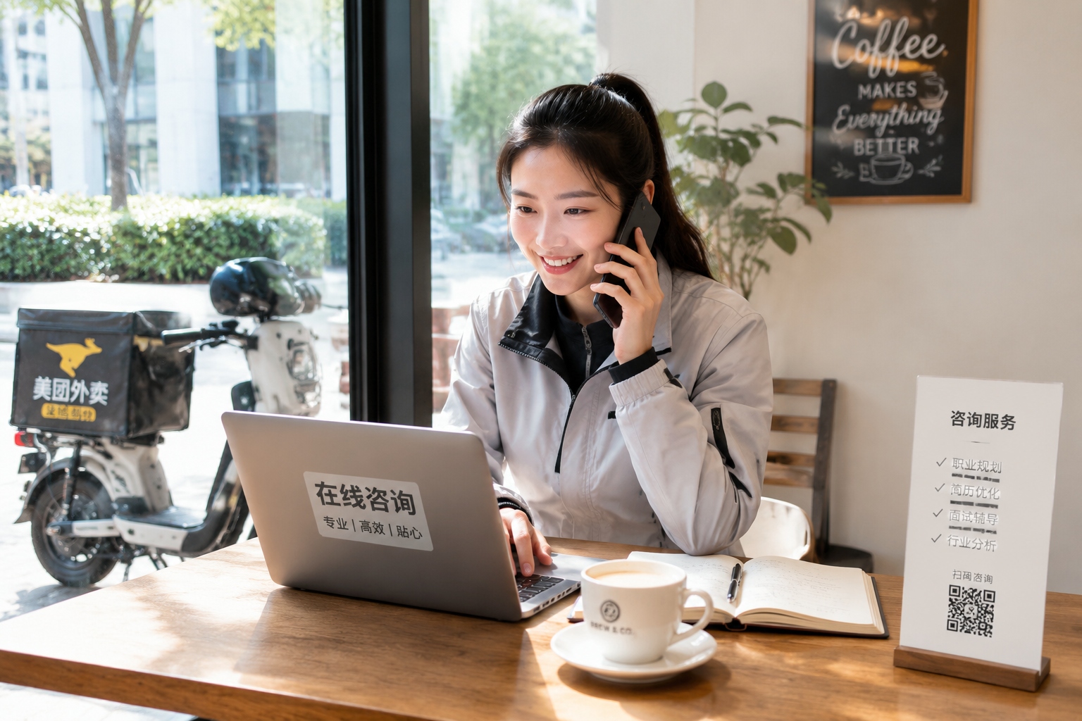A Chinese freelance worker shifting between gig economy and online consulting at a café