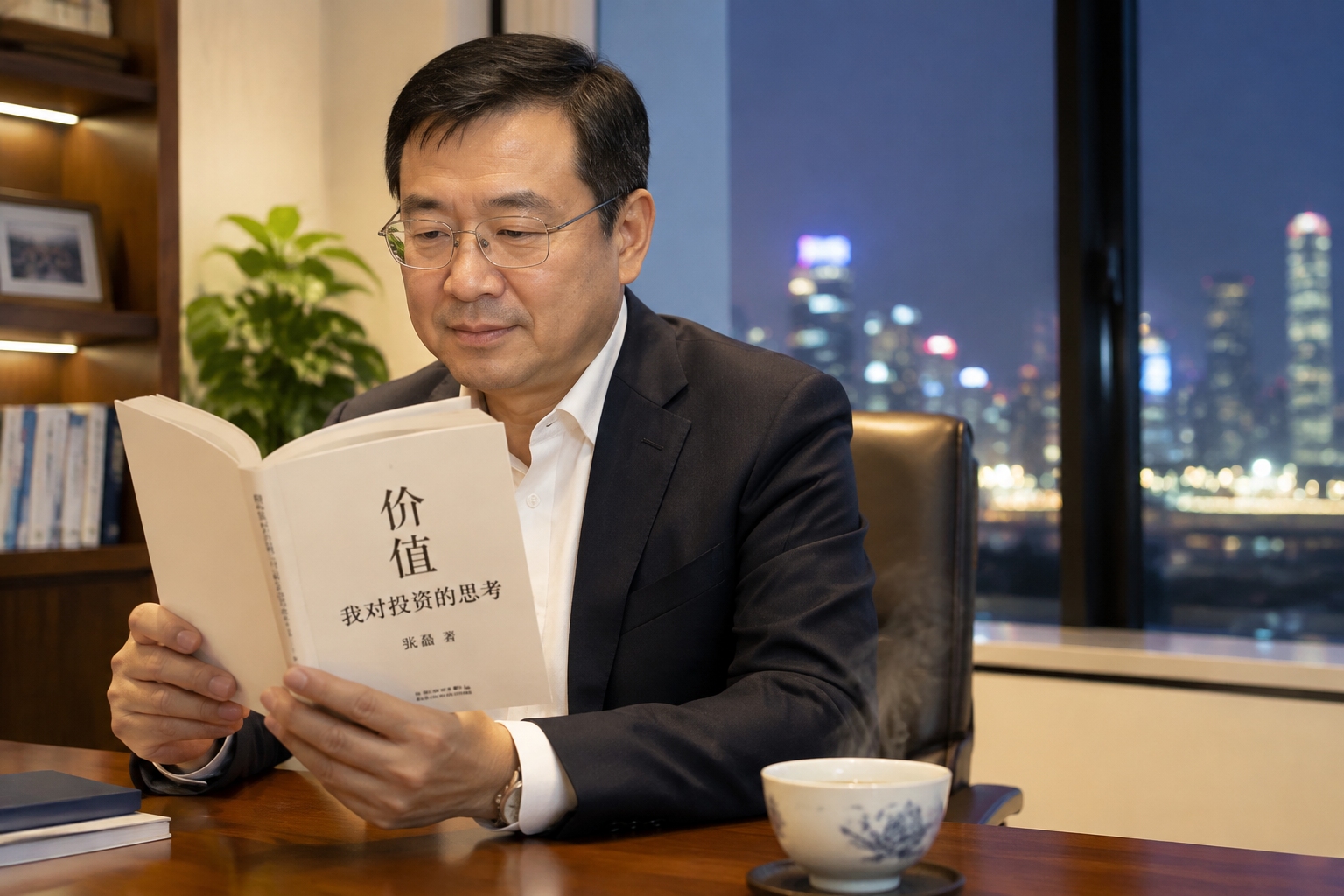 Chinese entrepreneur reading Wang Yangming’s book alone at night in a modern office