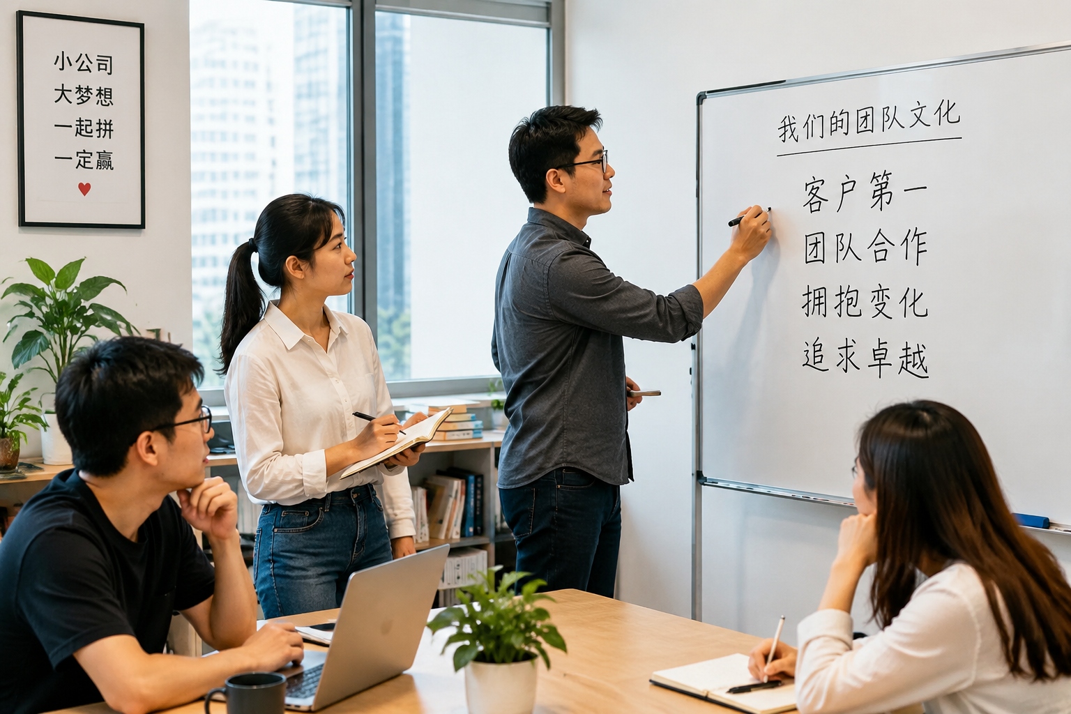 Chinese manager writing Wang Yangming’s phrase during a team meeting to explain unity of knowledge and action