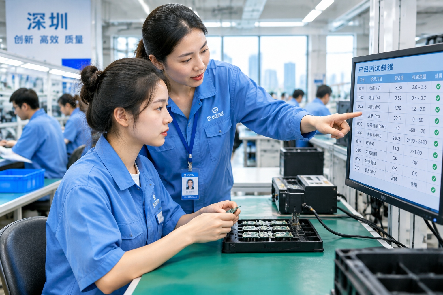 Young woman worker at an electronics assembly line in Shenzhen with a female supervisor reviewing test data beside her