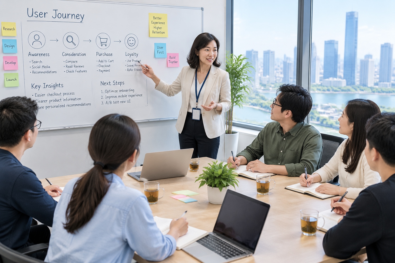 Chinese woman executive leading a product meeting at a whiteboard in a bright open-plan tech office in China