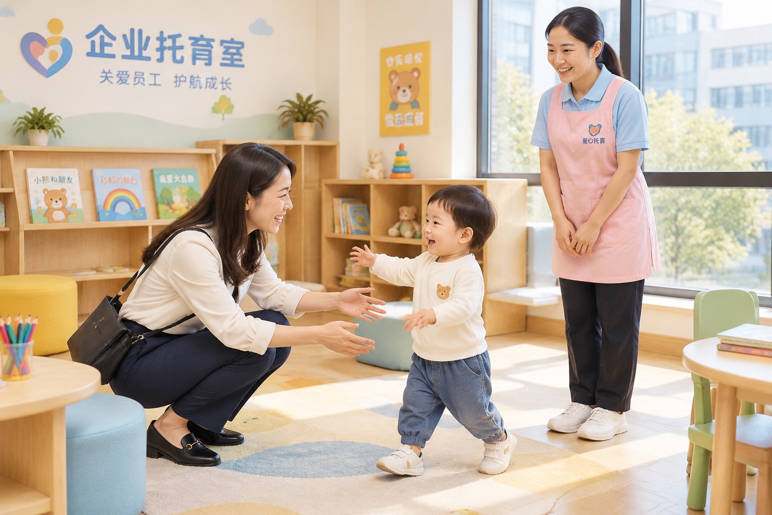 Working mother picking up her toddler at a company-subsidized childcare room on a Chinese corporate campus