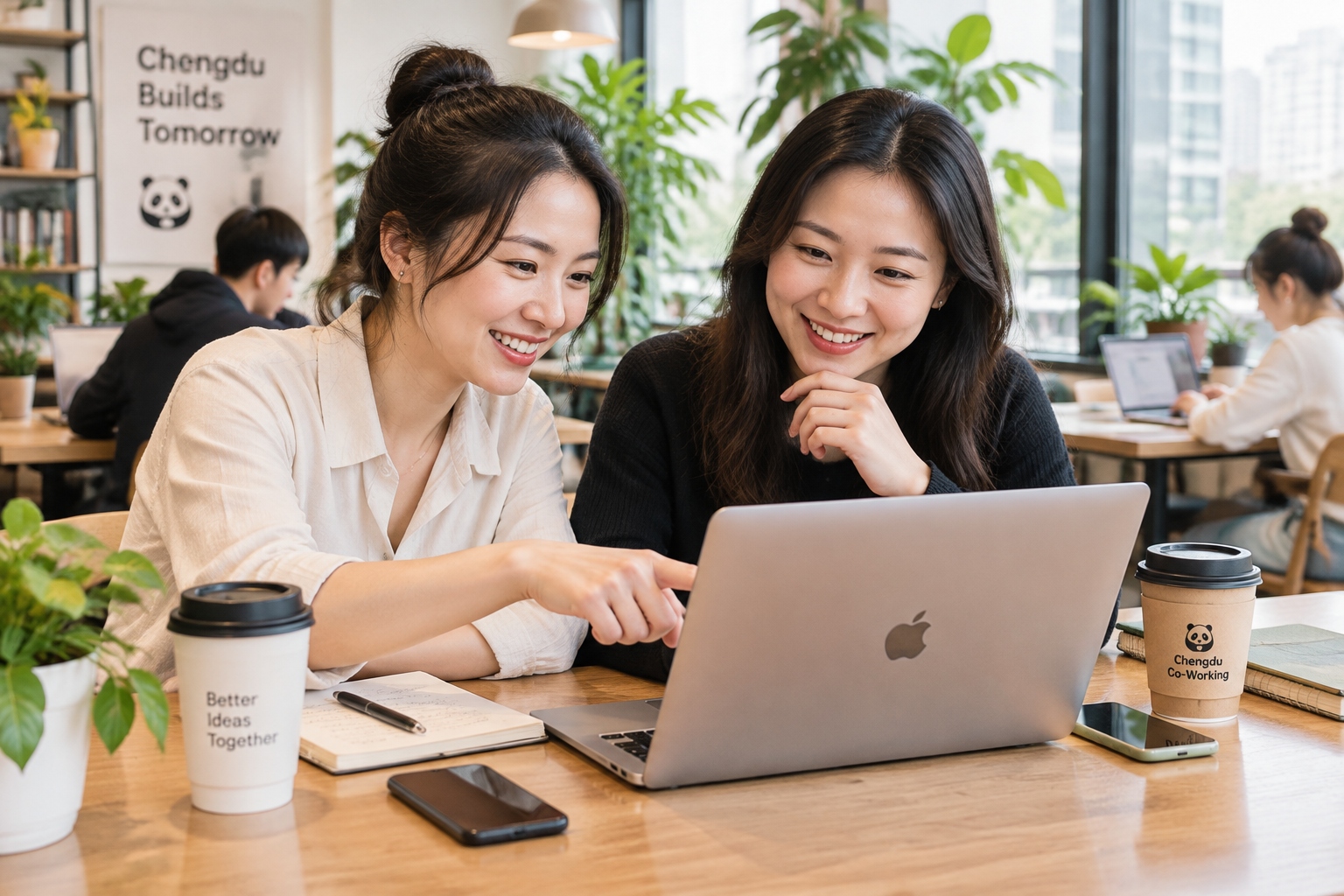 Two young Chinese women founders reviewing their product on a laptop in a Chengdu co-working cafe