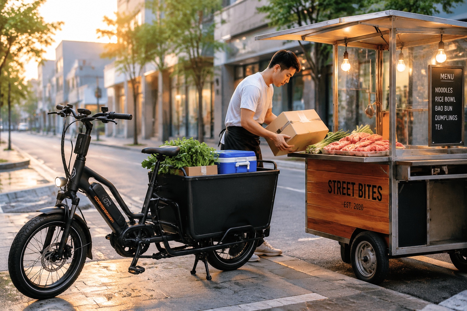Electric delivery bike delivering fresh ingredients to a mobile street food vendor before opening hours