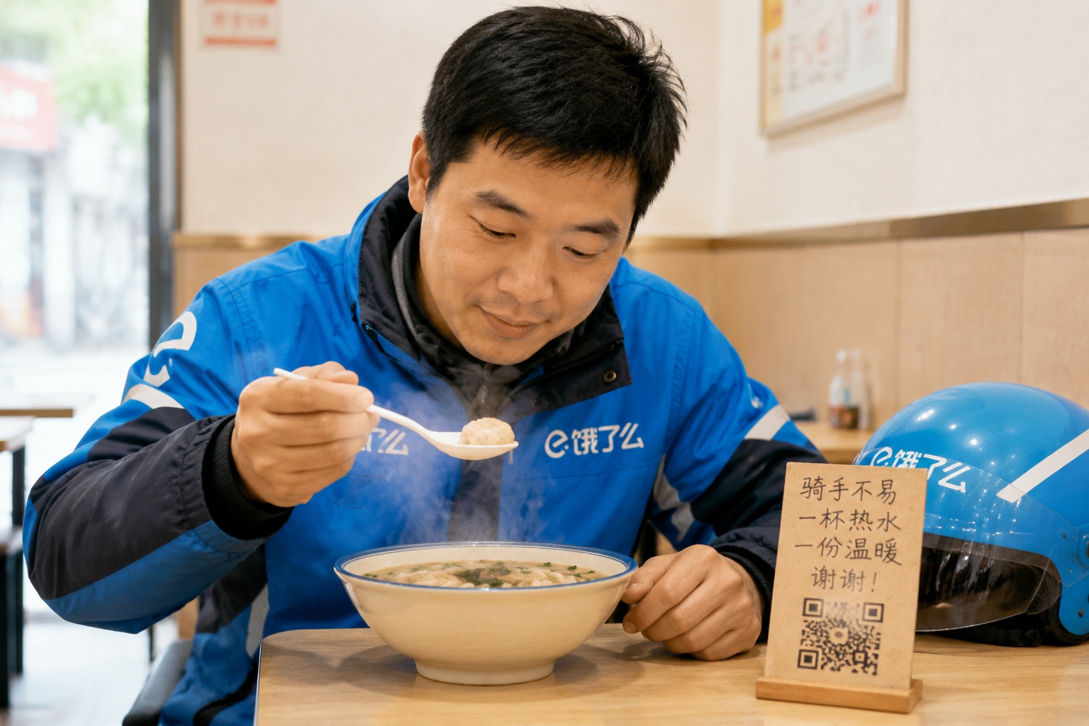 Delivery rider enjoying a warm meal at a late-night noodle stall with a friendly atmosphere