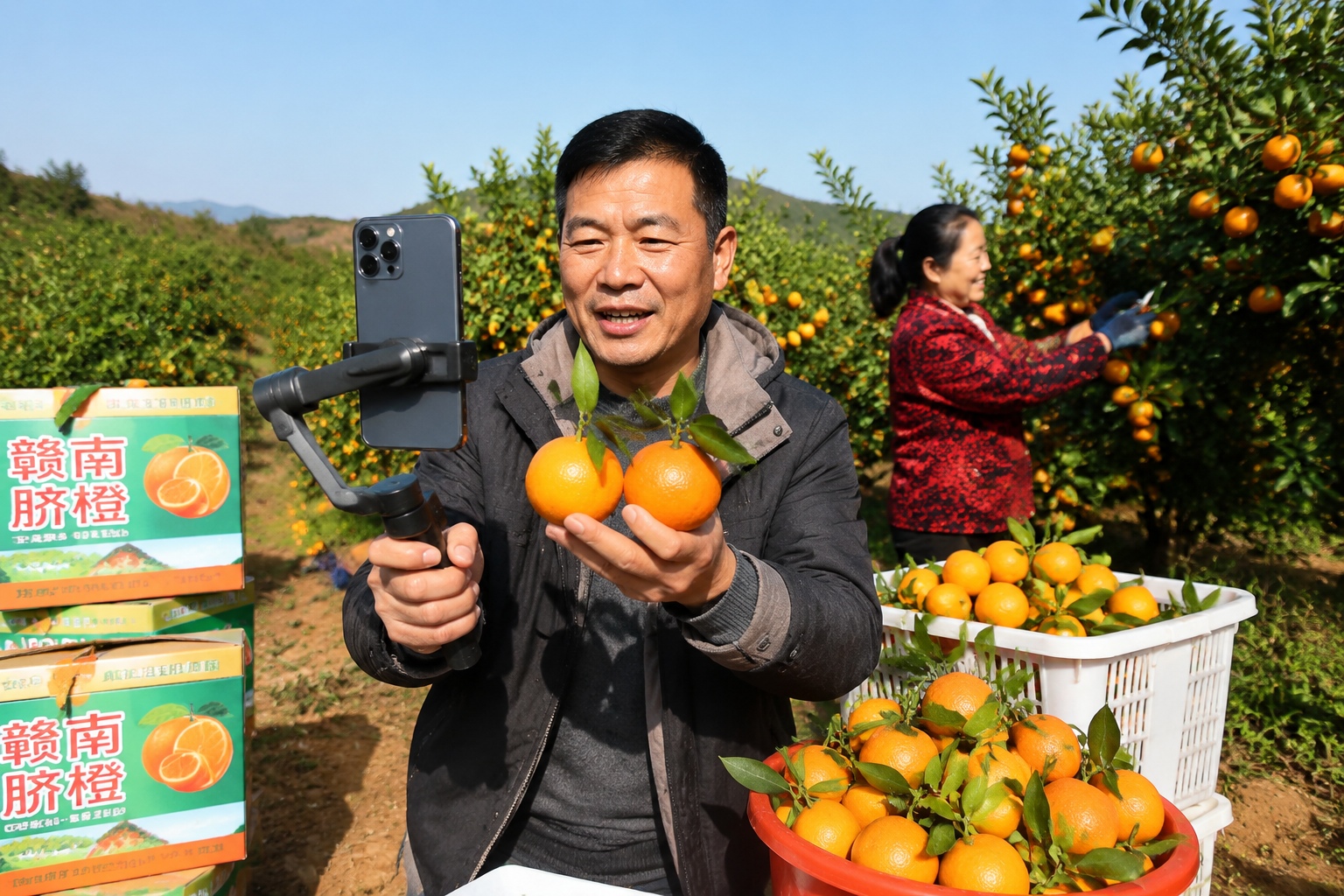 Chinese farmer live-streaming his tangerine harvest from an orchard in Sichuan
