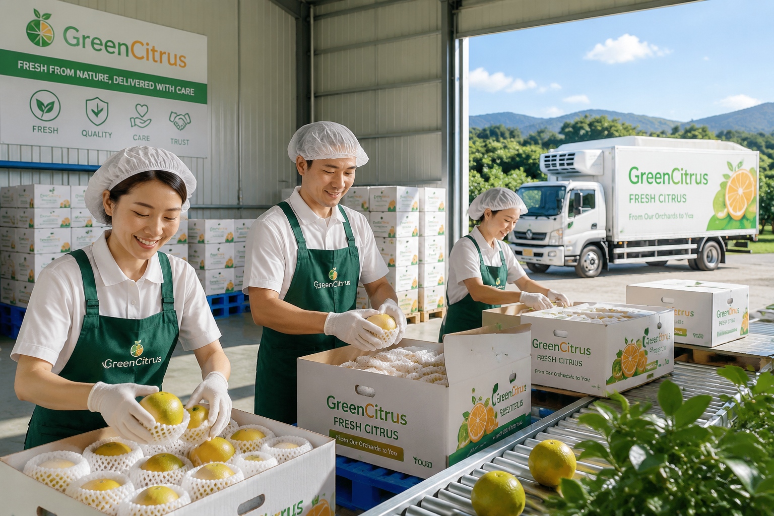 Workers sorting and packing fresh citrus for e-commerce delivery at a rural logistics station in China