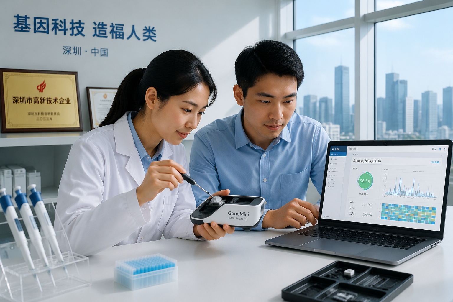 Chinese engineers inspecting a DNA sequencer prototype in a Shenzhen startup laboratory