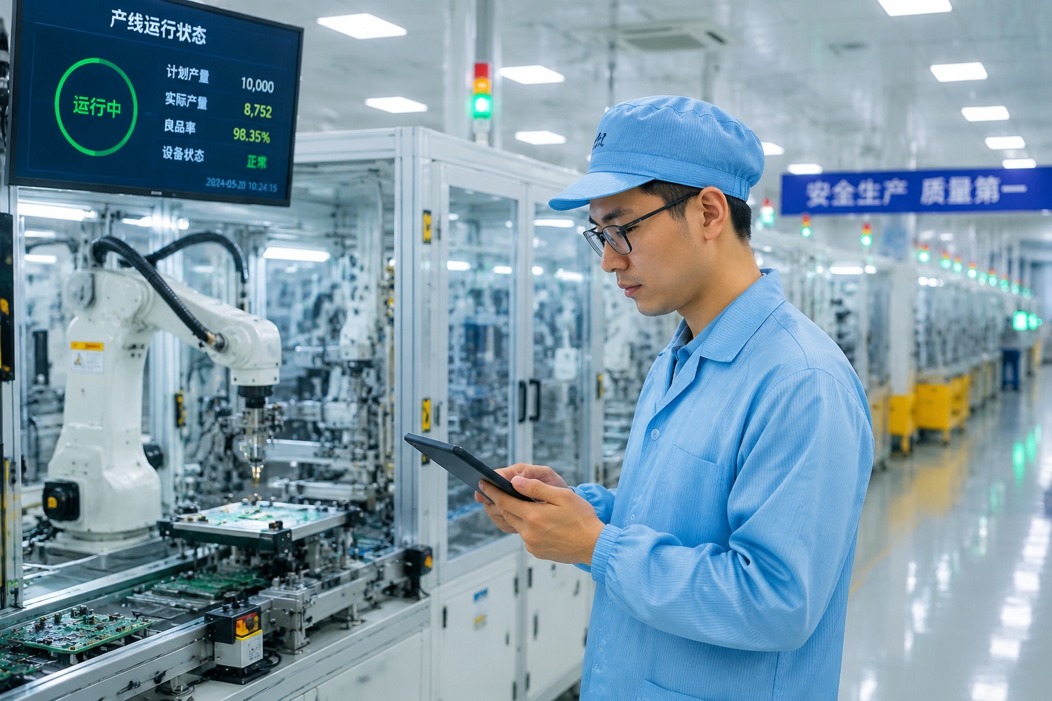 Automated assembly lines inside a modern electronics factory in southern China, monitored by a young engineer