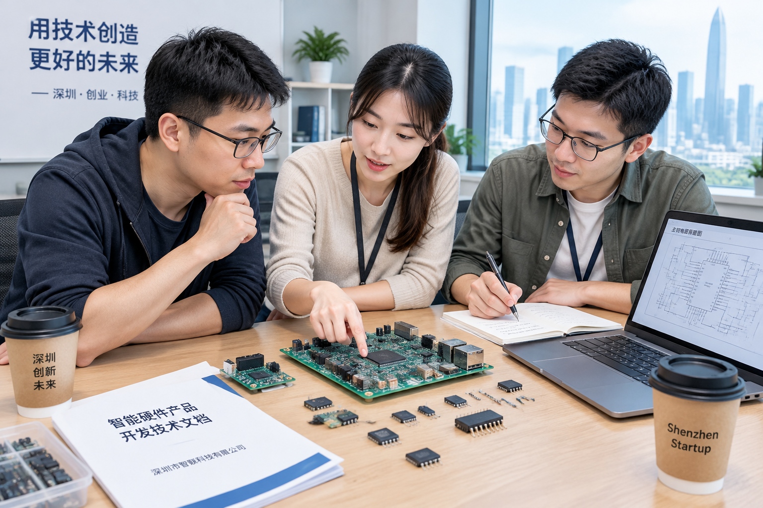 Engineers in Shenzhen discussing a circuit board redesign for a domestic alternative chip
