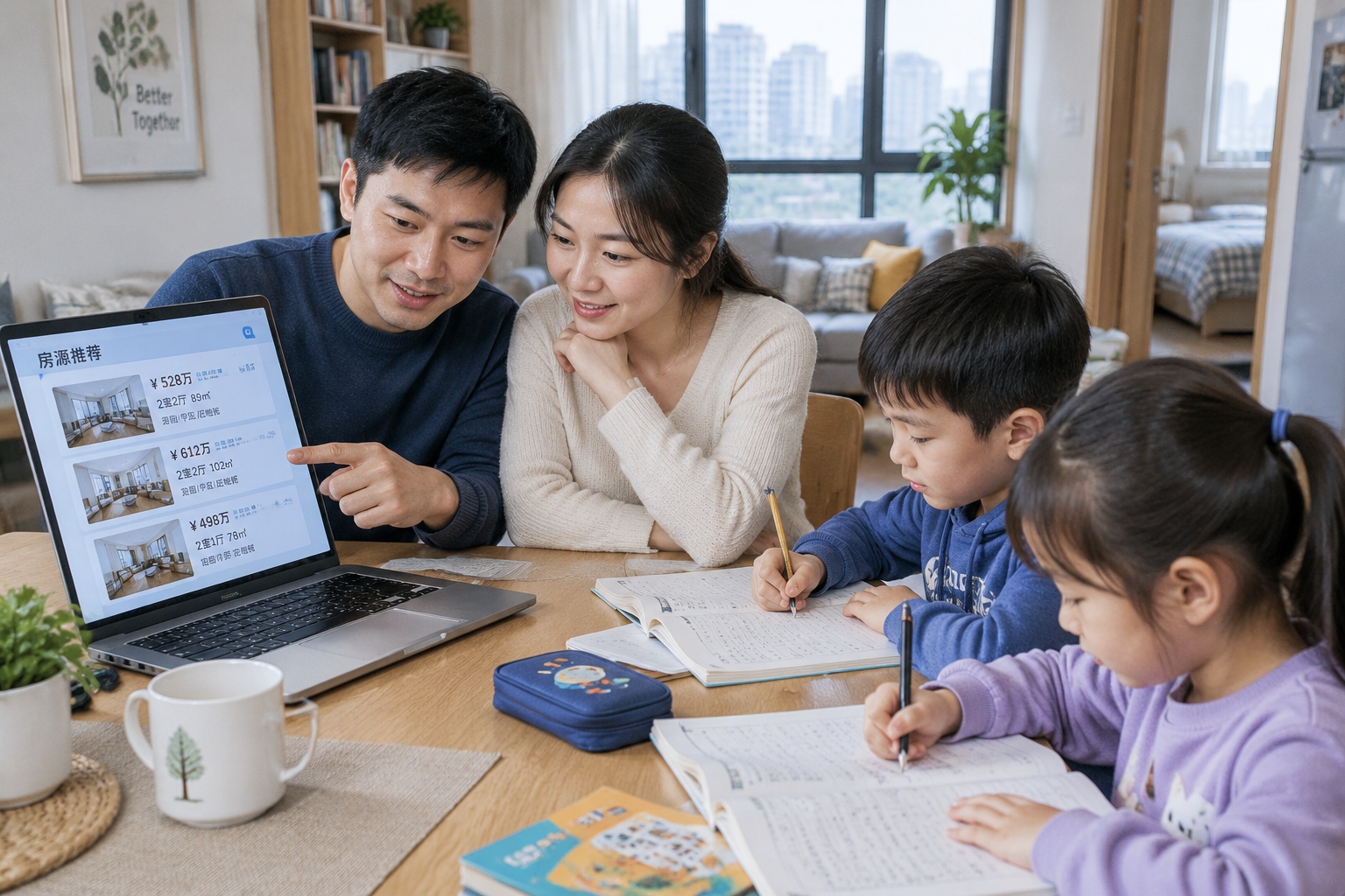 A young Chinese couple in a small apartment looking at housing listings on a laptop while their two children do homework at the same table.