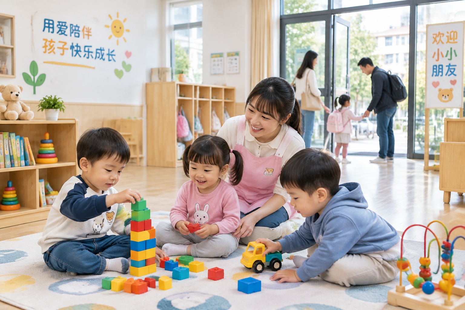 Toddlers playing at a public childcare center in a Chinese city while a caregiver watches and parents drop off their children.