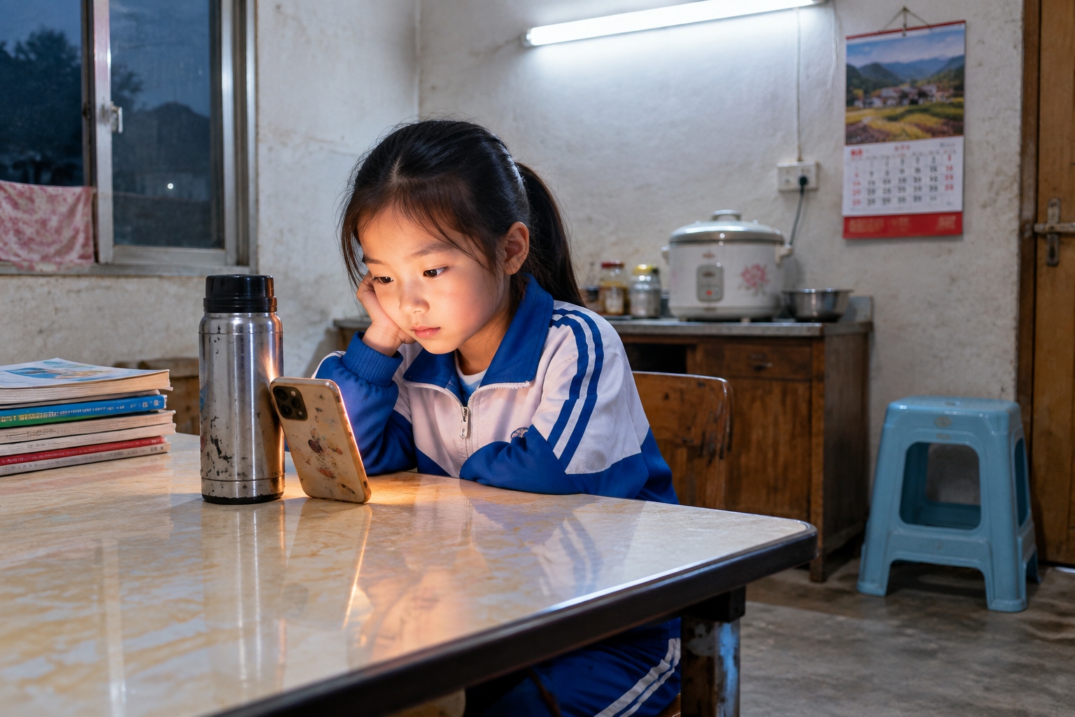 Left-Behind and Migrant Children: Emotional Ties in Urbanization's Wake 22 A nine-year-old girl in a rural Henan kitchen holds an evening video call with her migrant-worker mother on a phone propped against a thermos flask