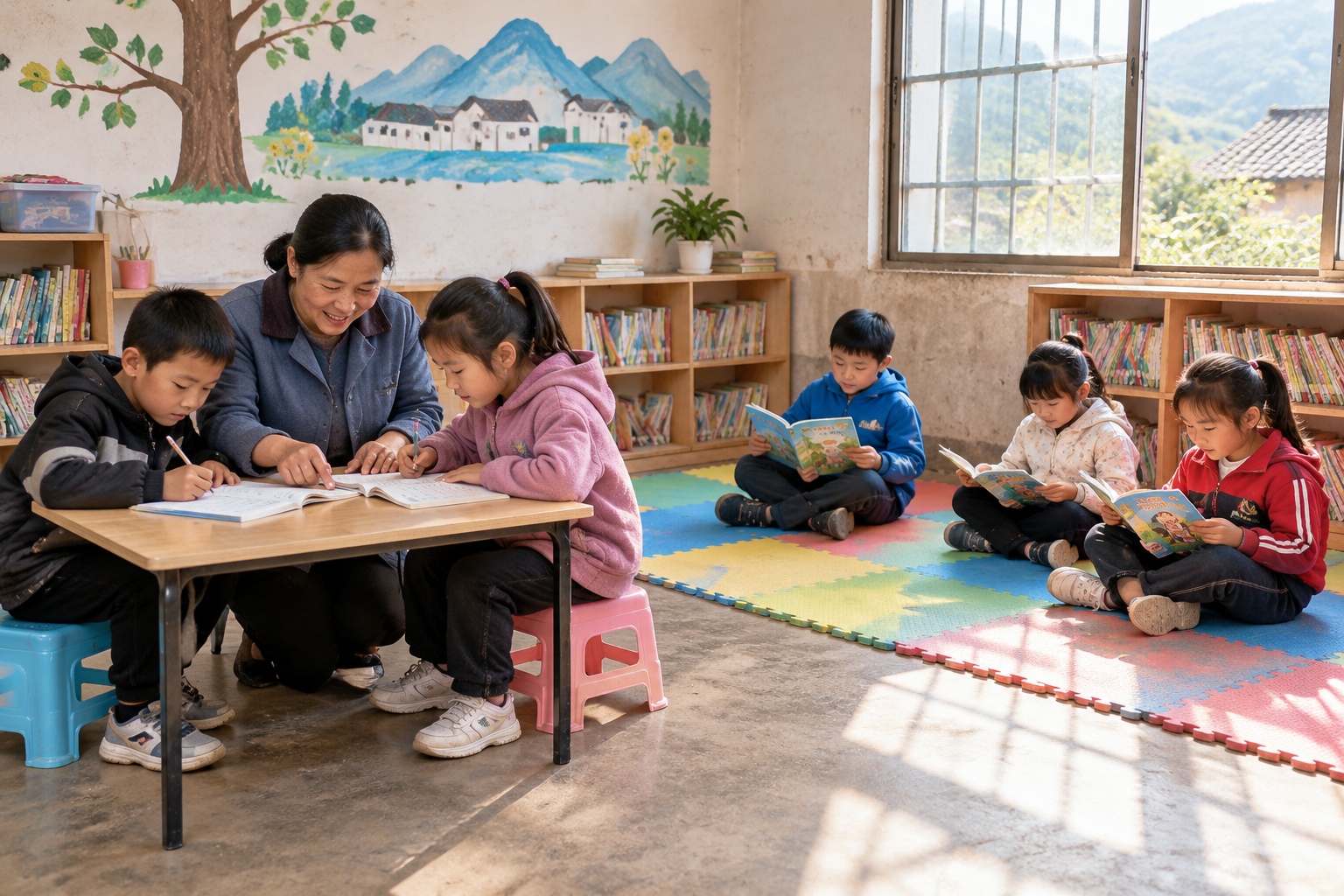 Left-Behind and Migrant Children: Emotional Ties in Urbanization's Wake 24 A trained local caregiver helps children with homework inside a village children's room in rural Guizhou