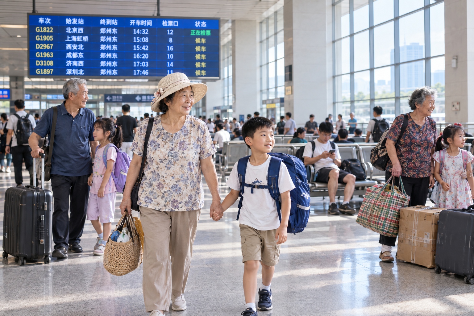 Left-Behind and Migrant Children: Emotional Ties in Urbanization's Wake 25 A grandmother and her grandson wait with luggage at Zhengzhou railway station during the summer migration of children to their working parents