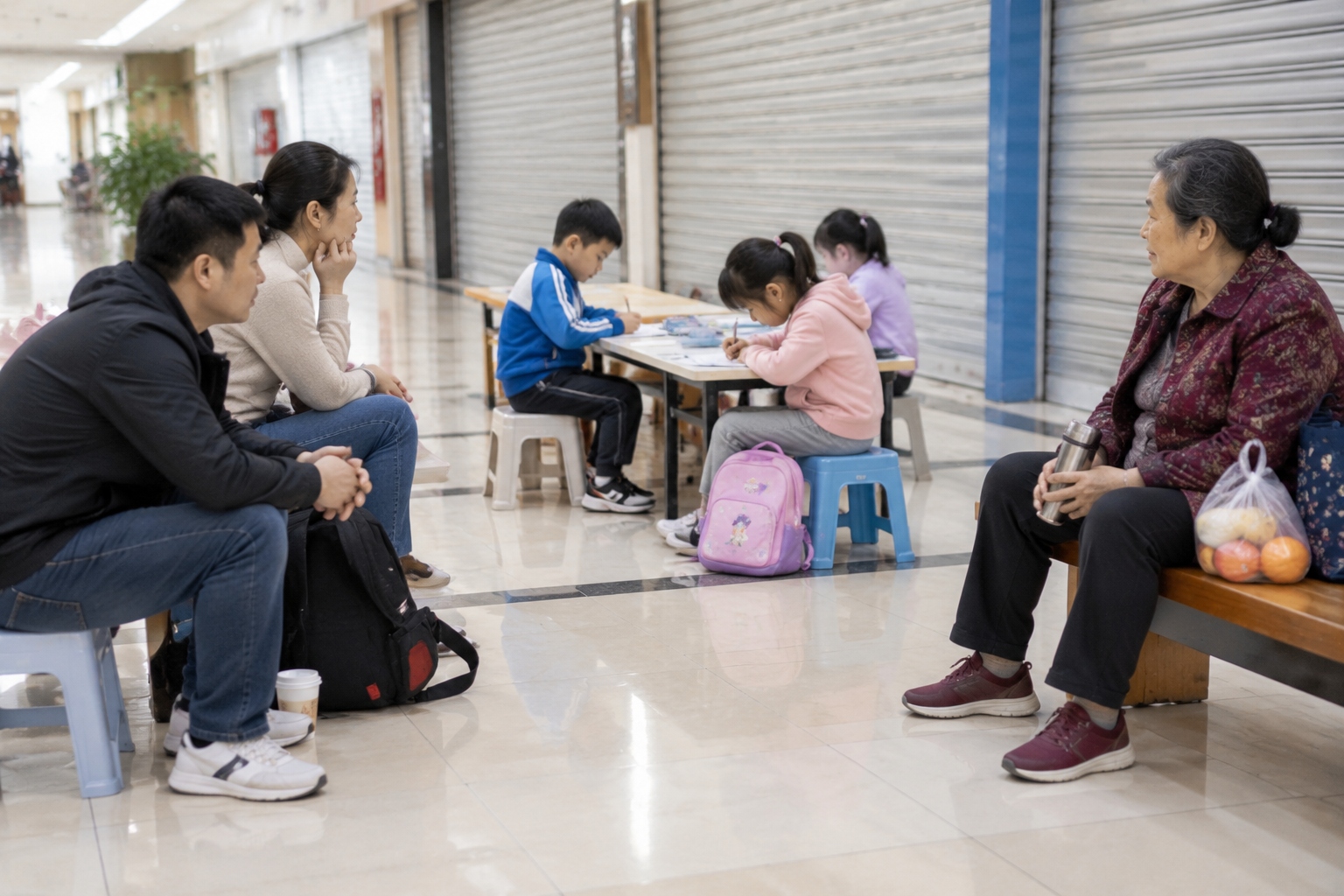 Parents waiting on stools in a Chinese shopping mall corridor while their children attend weekend tutoring classes