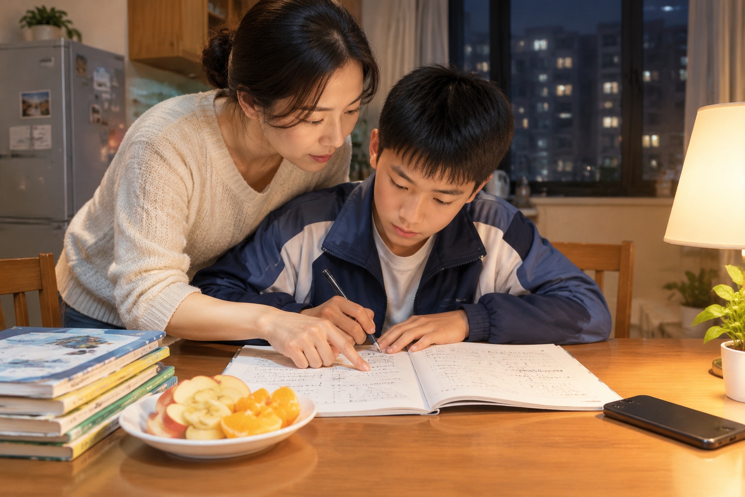 A Chinese mother helping her middle-school son with homework at the kitchen table late in the evening