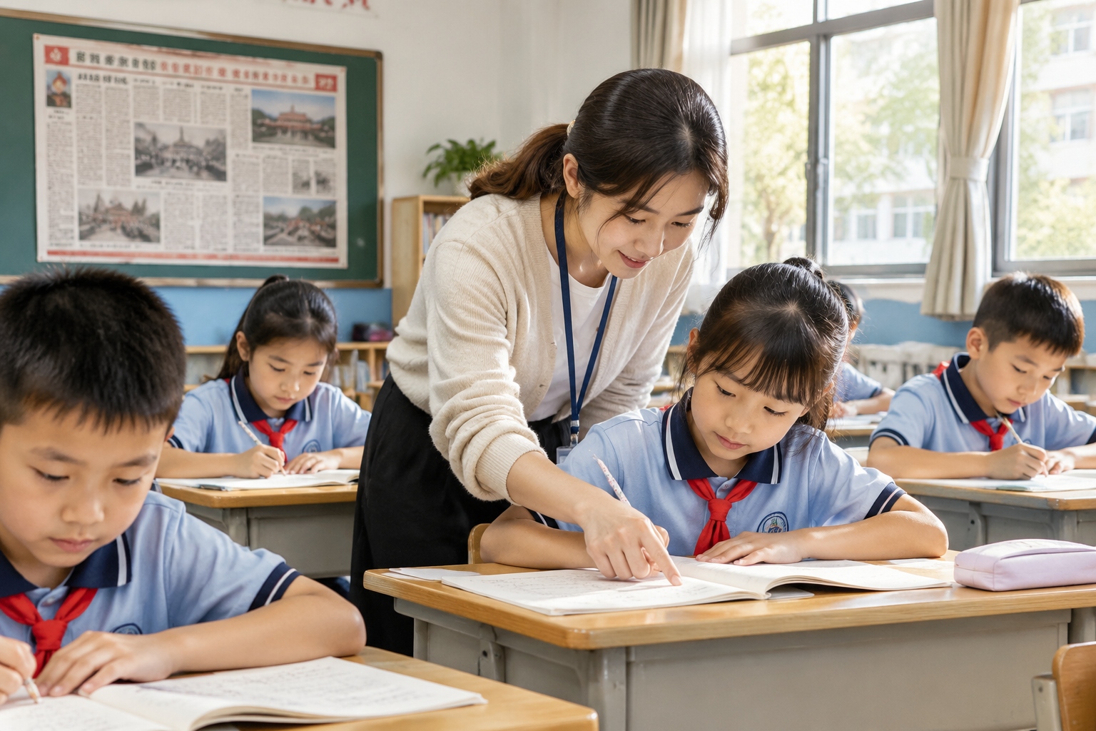 Students doing homework in an after-school care programme at a Chinese public primary school with their teacher