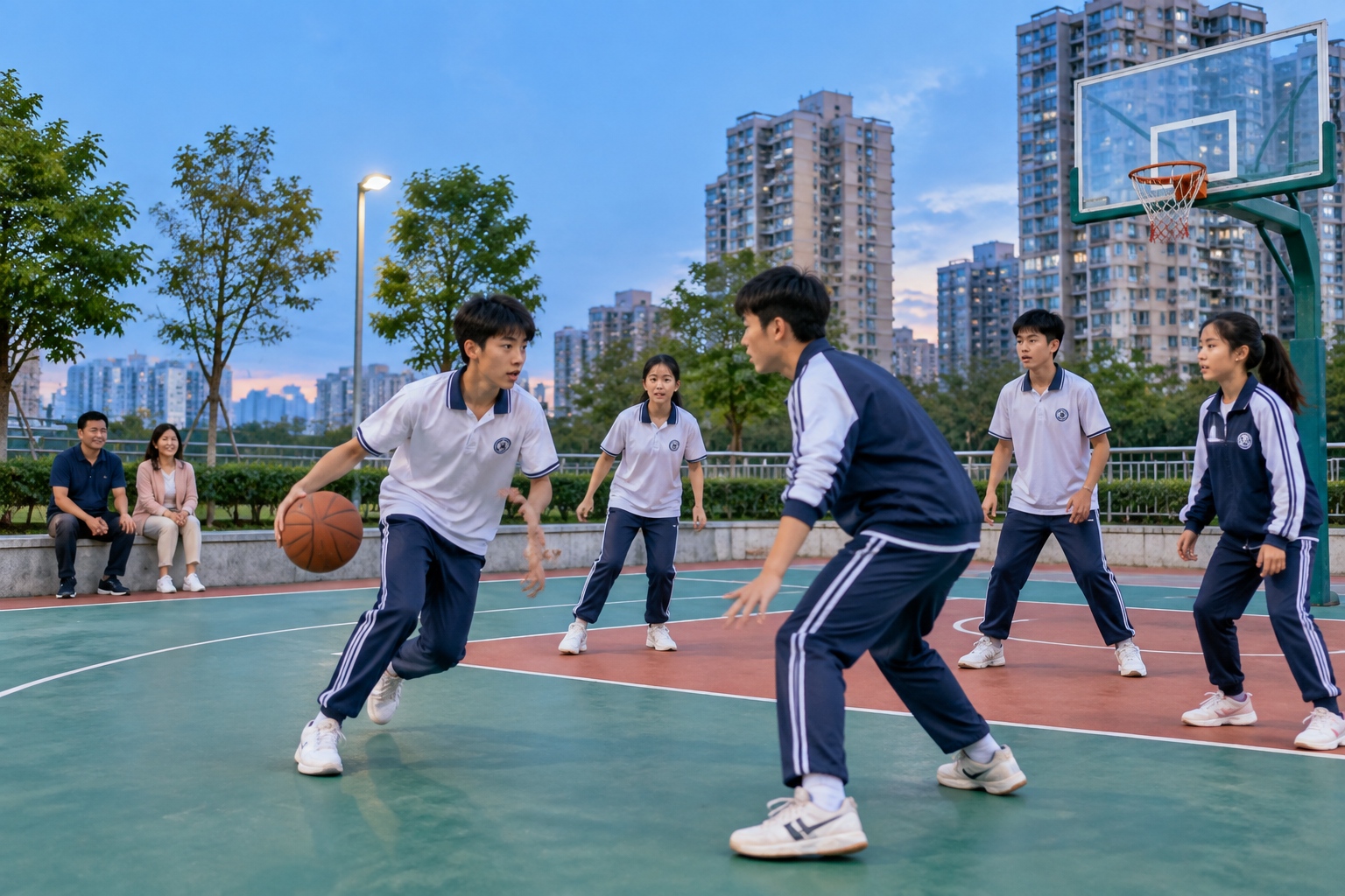 Chinese teenagers playing basketball in a neighbourhood park at dusk while their parents watch from the sidelines