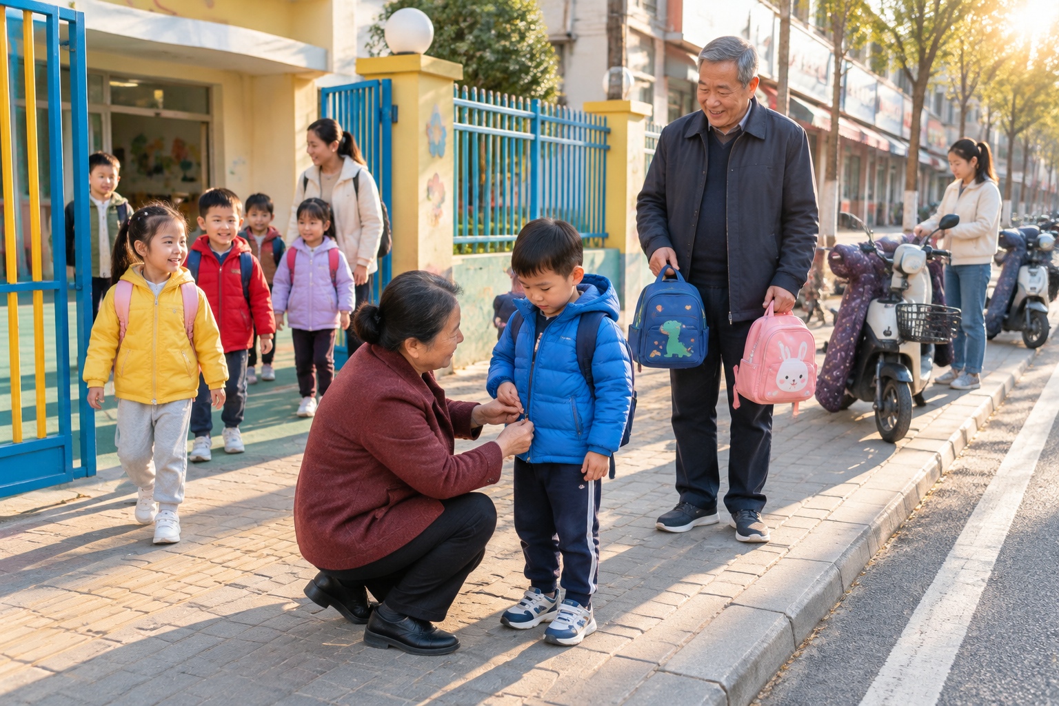 Grandparents as Primary Caregivers: The Hidden Reason Behind China's Family Structure 22 Grandparents picking up children outside a Chinese kindergarten in the late afternoon, one grandmother kneeling to zip a child's jacket