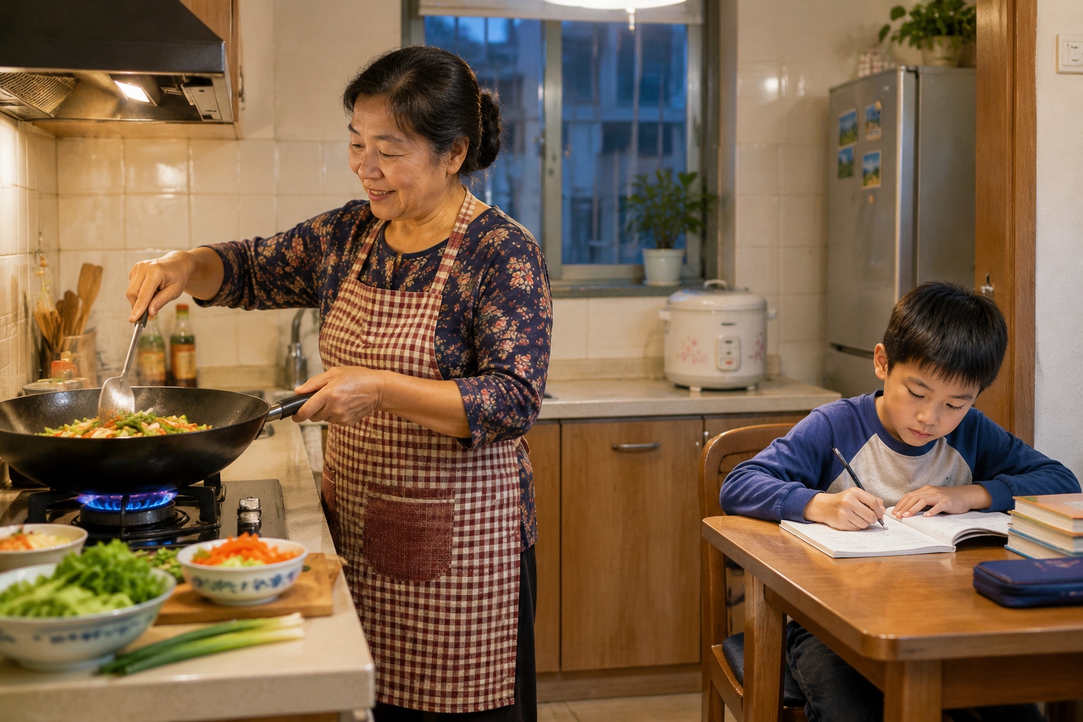Grandparents as Primary Caregivers: The Hidden Reason Behind China's Family Structure 23 A grandmother cooking dinner in an apartment kitchen while her grandson does homework at the table beside her