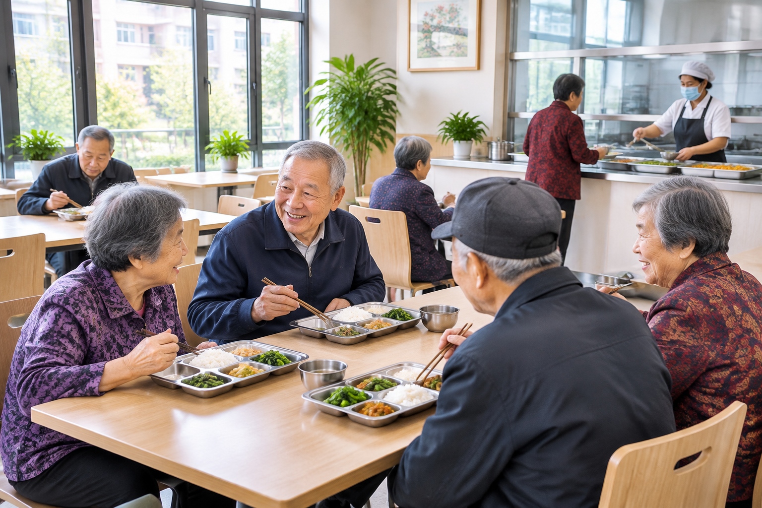Grandparents as Primary Caregivers: The Hidden Reason Behind China's Family Structure 25 Elderly residents eating a subsidized lunch at a community canteen in a Chinese city neighborhood