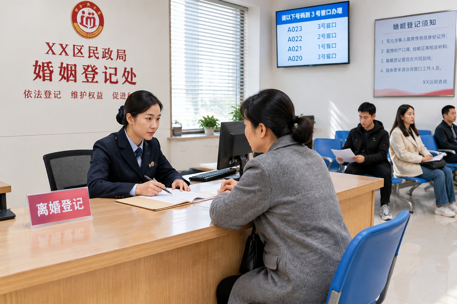 A woman sits at a divorce registration counter inside a Chinese civil affairs bureau while a clerk reviews her documents