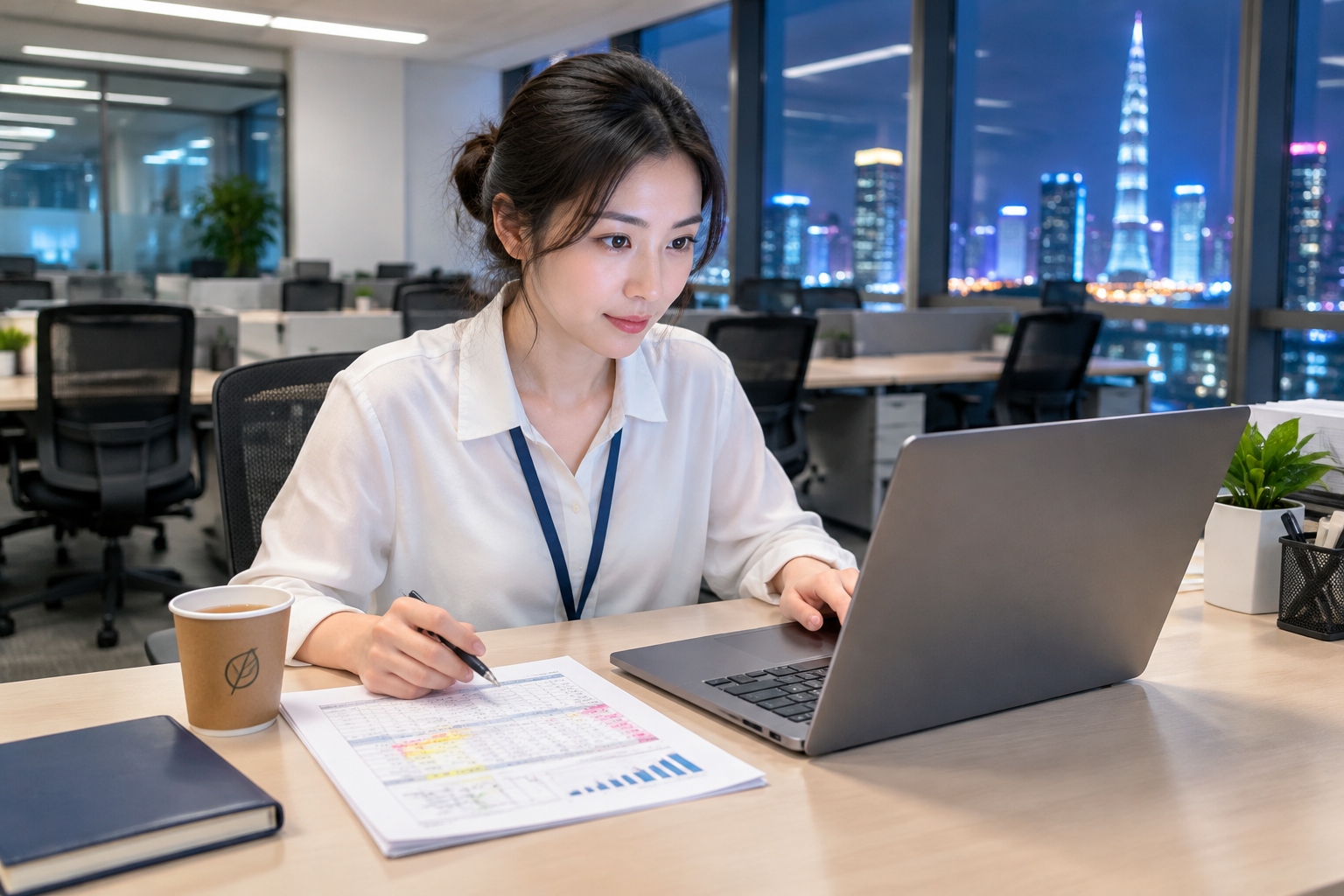 A woman in her thirties works late at a desk in an open-plan Chinese office with city lights visible through the windows