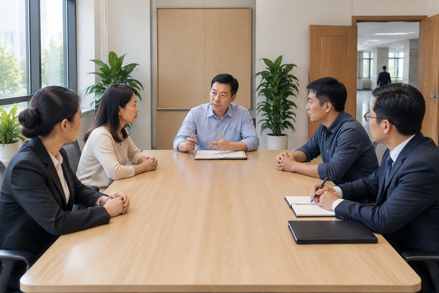 A mediator speaks with a couple and their lawyers in a family law mediation room at a Chinese district court