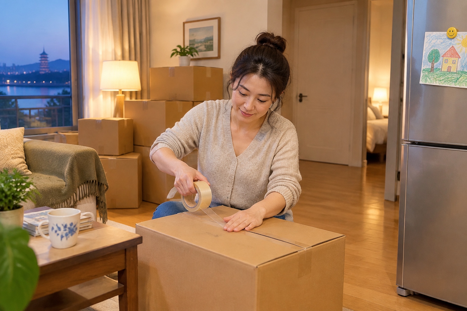 A woman packs moving boxes in a small Hangzhou apartment living room while a child's drawing hangs on the fridge