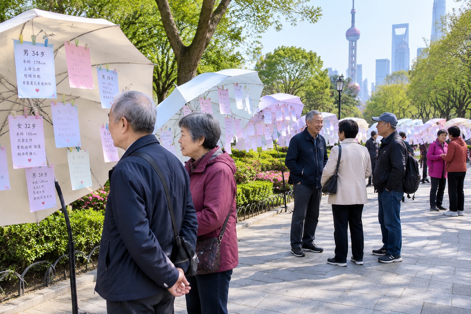 Parents read paper profiles clipped to umbrellas at the matchmaking corner in Shanghai's People's Park