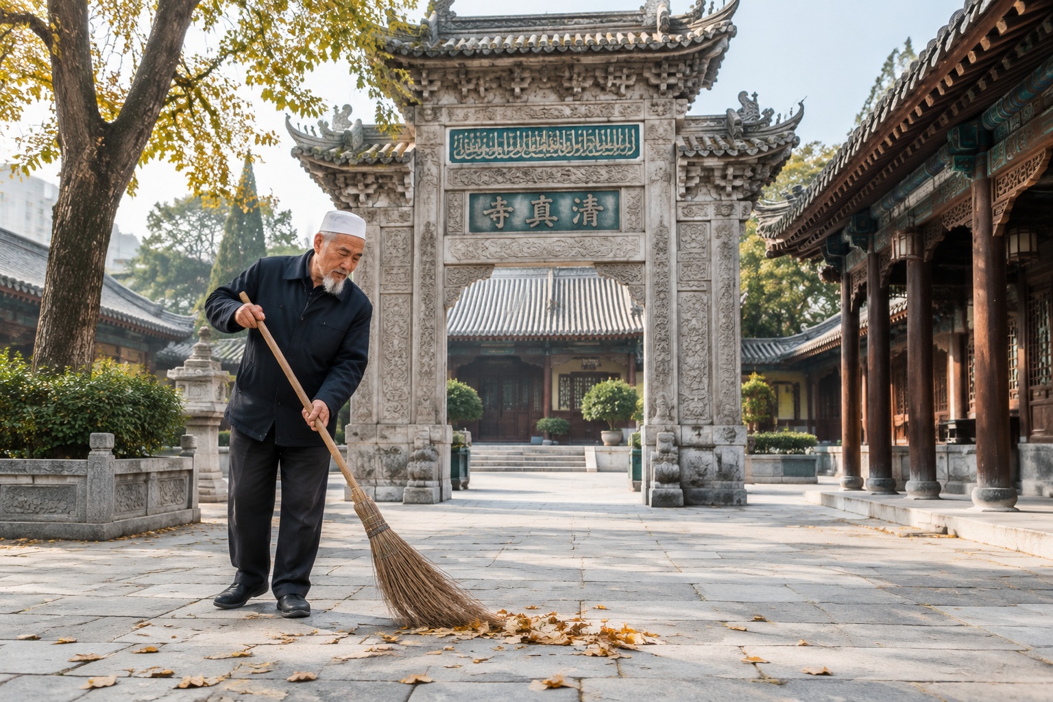 Elderly man sweeping the stone courtyard of the Great Mosque on Huajue Lane in Xi'an, with a Chinese-style archway carved with Arabic and Chinese calligraphy in the background