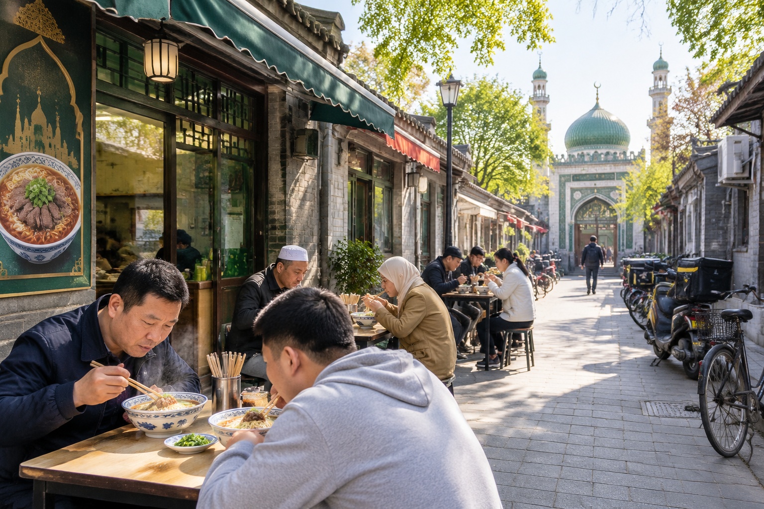 People eating beef noodles at small street tables outside halal restaurants near Niujie Mosque in Beijing on a Friday afternoon