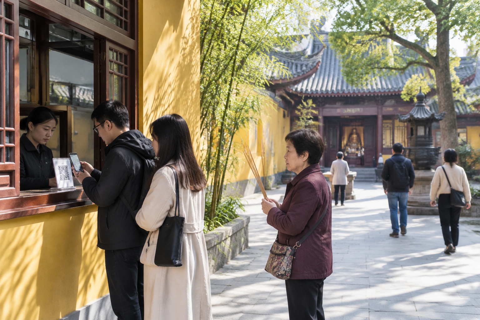 Young office workers scanning a QR code for temple tickets while an older woman holds incense at Jade Buddha Temple in Shanghai on the first day of a lunar month