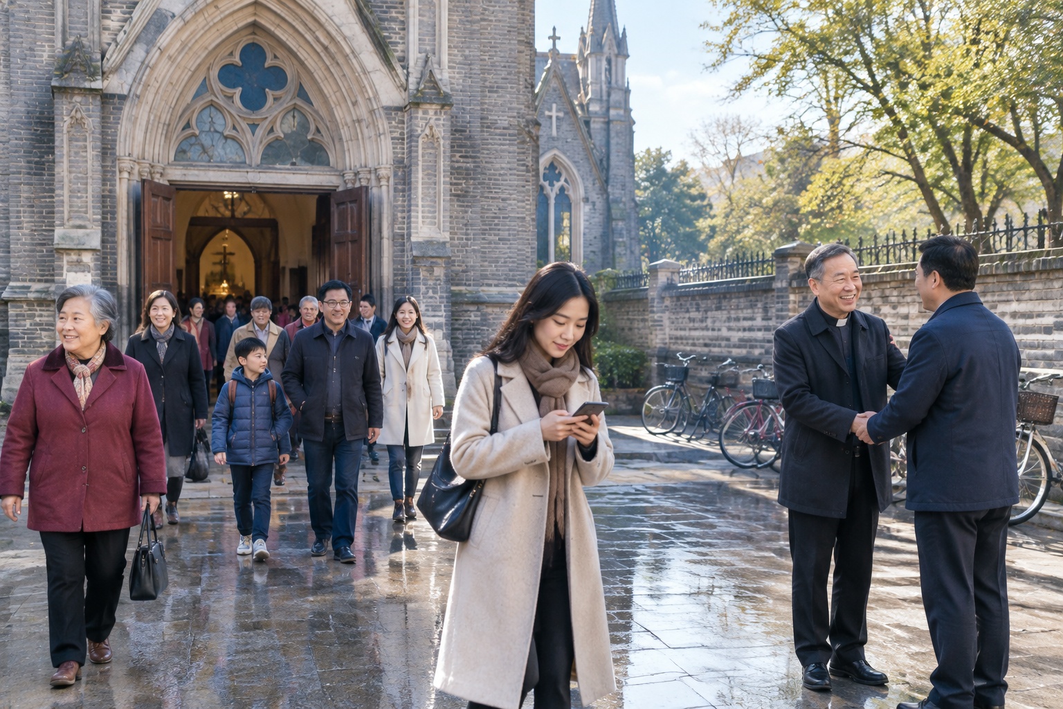Parishioners leaving Xishiku Catholic Church in Beijing after Sunday morning Mass, one person checking a phone and two men greeting each other on the wet pavement