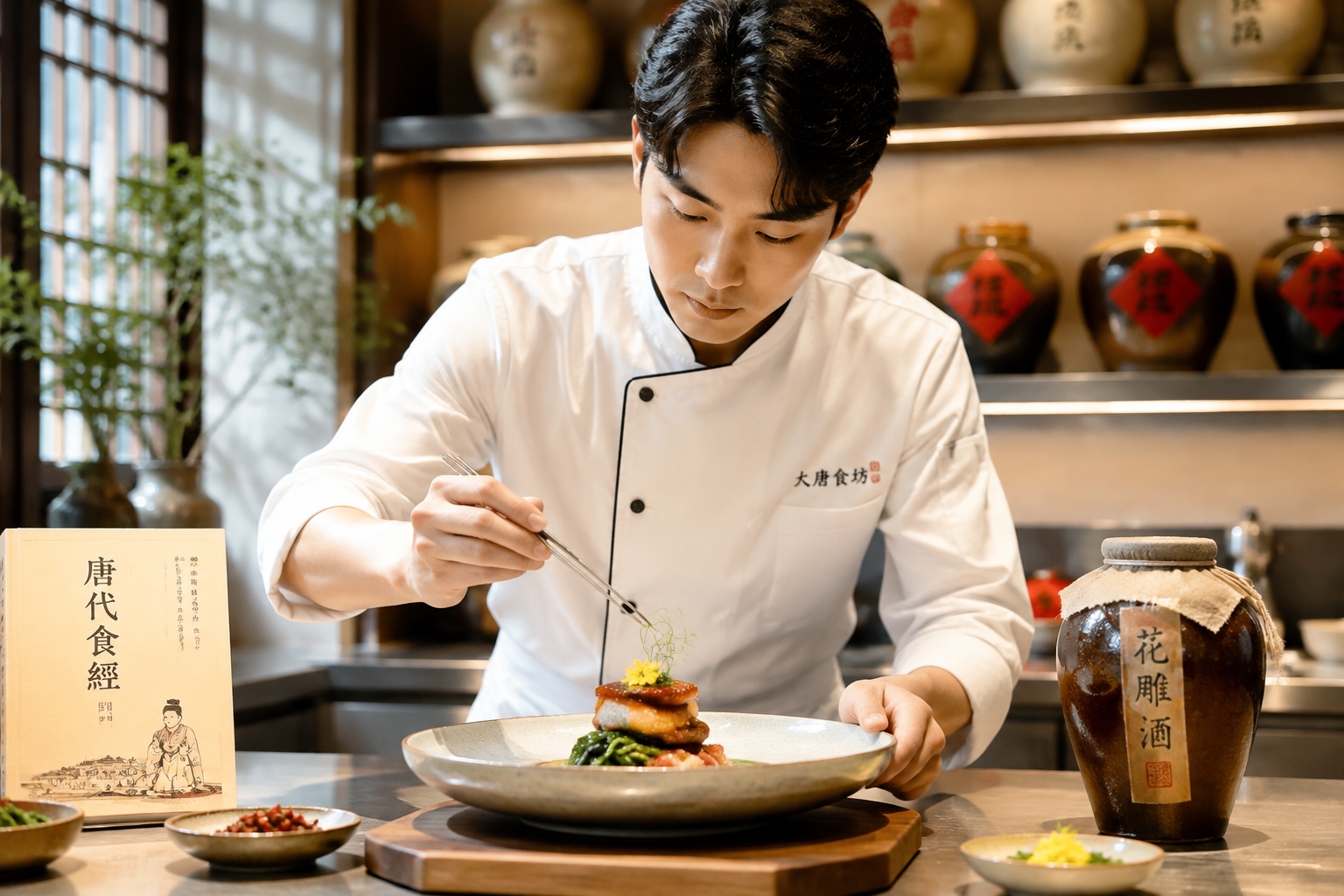 A young chef presenting a modern dish made with traditional heritage ingredients in a contemporary Chinese restaurant
