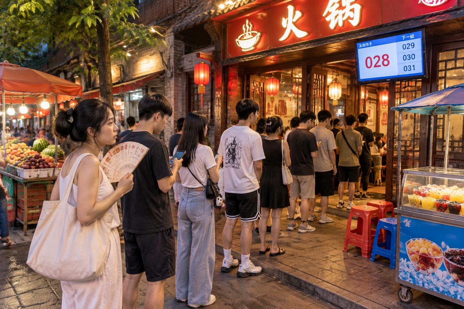 Counter-Intuitive Dining: Why Do Chinese People Love Hot Pot in the Dead of Summer? 22 People queueing outside a hot pot restaurant on a humid summer night in Chengdu, one woman fanning herself with a menu as a digital number ticket glows above the door